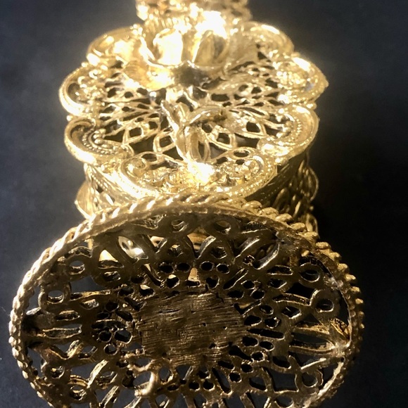 Vintage 9.5” Gold Metal Ormolu Filigree Perfume Bottle Ornate Rose - Picture 6 of 11